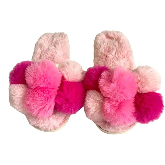 Shiraleah Carina Slippers Pink Pom Pom Slide‎ Slip-on Fuzzy Soft Hard Bottom 6-8 - Picture 2 of 9